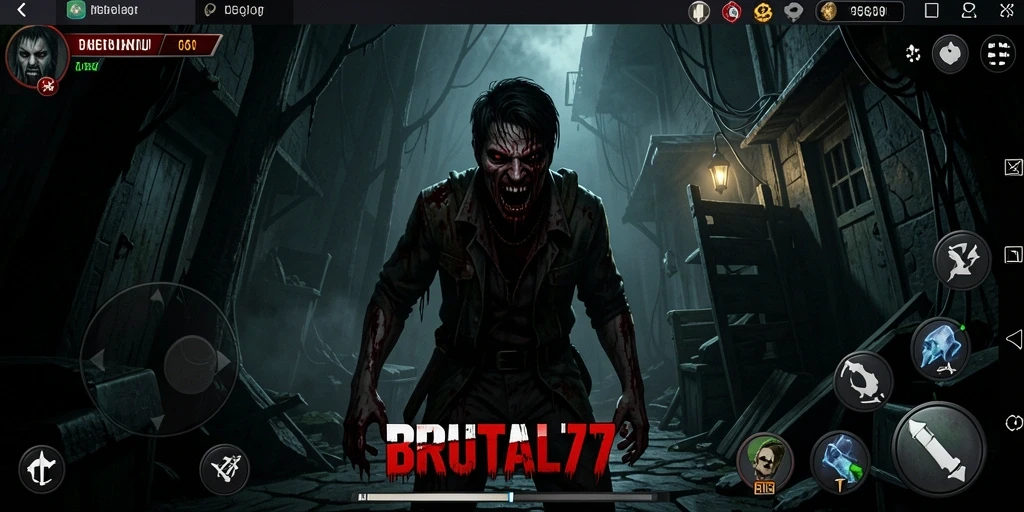 Screenshot gameplay <strong>BRUTAL77</strong> yang menunjukkan kegelapan dan ketegangan horor.