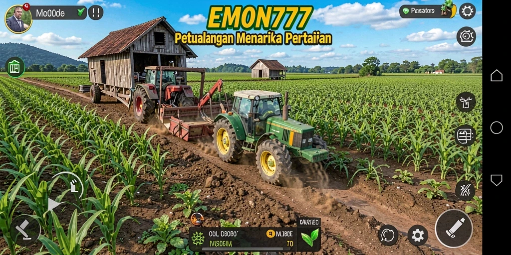 Screenshot EMON777 menampilkan petualangan seru di ladang pertanian.