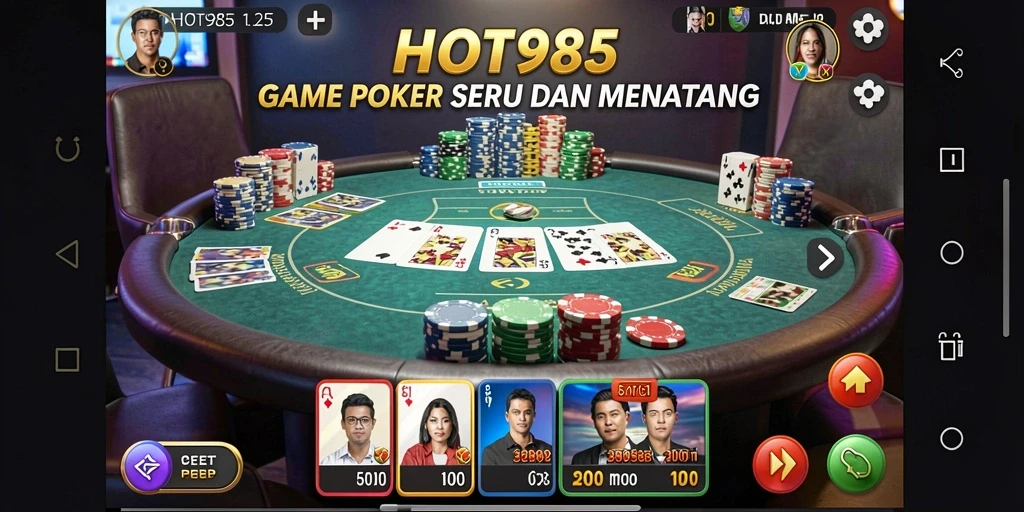 Screenshot gameplay HOT985 menunjukkan aksi seru dalam permainan poker.