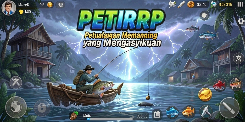 Screenshot gameplay PETIRRP yang menampilkan suasana memancing yang mendebarkan.