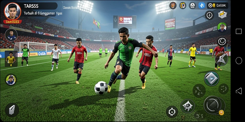 Tangkapan layar TAR555 menampilkan aksi gameplay sepak bola yang mendebarkan.